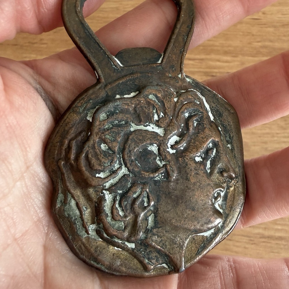 VTG Greek Medallion Apollo Brass Verdigris Bottle Opener Made in Greece Mythical - Picture 6 of 7